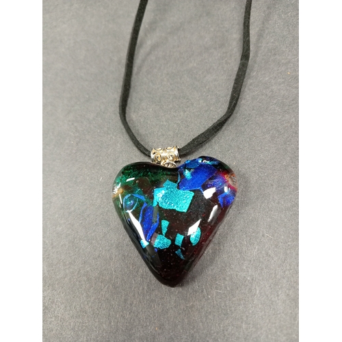 692 - Hand made blue glass heart made with love pendant on chain L 64cm