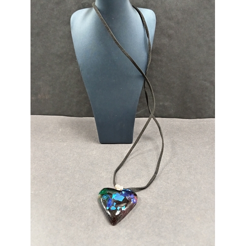 692 - Hand made blue glass heart made with love pendant on chain L 64cm