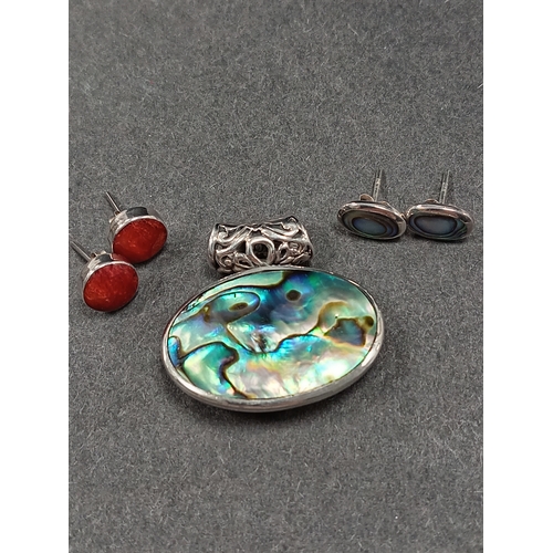 699 - 925 silver Abalone shell and red coral reversible pendant 3cm x 2cm with two pairs of  matching stud... 