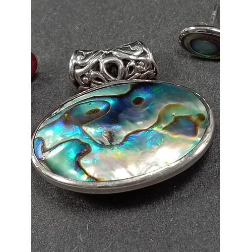 699 - 925 silver Abalone shell and red coral reversible pendant 3cm x 2cm with two pairs of  matching stud... 