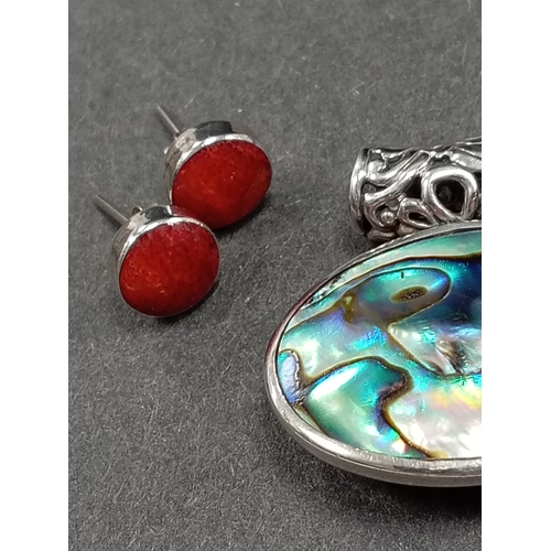 699 - 925 silver Abalone shell and red coral reversible pendant 3cm x 2cm with two pairs of  matching stud... 