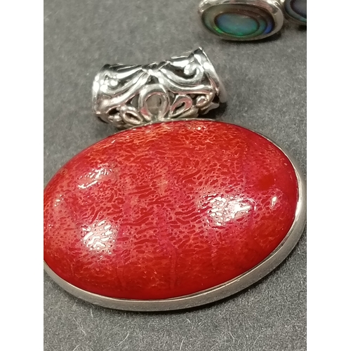 699 - 925 silver Abalone shell and red coral reversible pendant 3cm x 2cm with two pairs of  matching stud... 