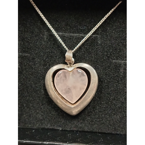 702 - 925 silver and rose quartz heart pendant on 925 silver chain L 44cm boxed