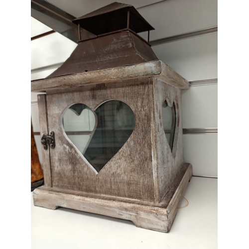 476 - Shabby chic candle lantern with heart shape windows H 35cm x W 22cm