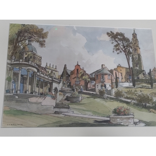 431 - A framed print of a water colour of Portmeirion by F.W. BALDWIN. H 47cm x W 57cm