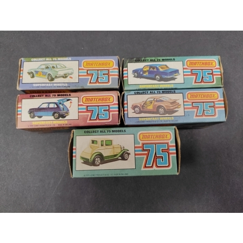 469 - Five boxed Lesney Matchbox cars. To include model A Ford No. 73 , Ford Rs.2000 No. 9 , Mercedes 450 ... 