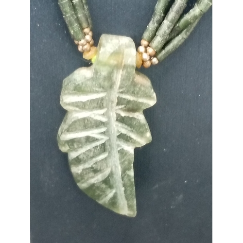 718 - Vintage Carved Jade Heishi Bead Necklace with Leaf Pendant L 46cm