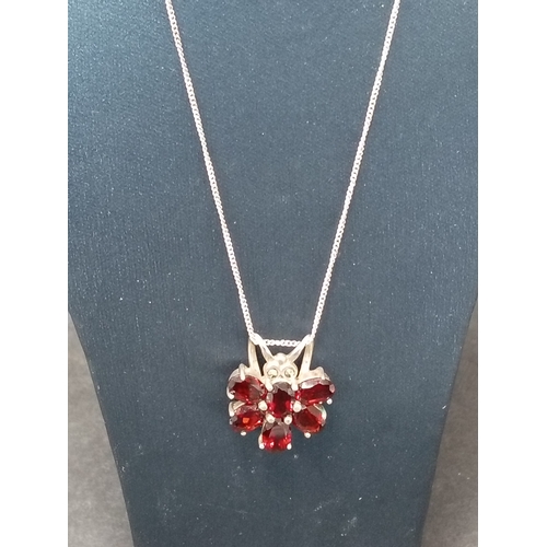 720 - 925 silver garnet butterfly pendant on 925 silver chain L 44cm