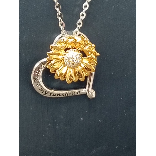 722 - 925 silver you are my sunshine heart with gold on silver flower pendant on a 925 silver chain L 44cm