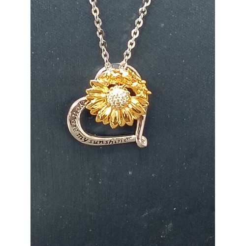 722 - 925 silver you are my sunshine heart with gold on silver flower pendant on a 925 silver chain L 44cm