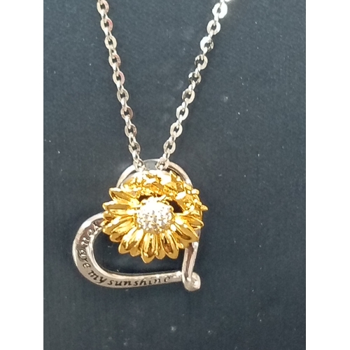 722 - 925 silver you are my sunshine heart with gold on silver flower pendant on a 925 silver chain L 44cm