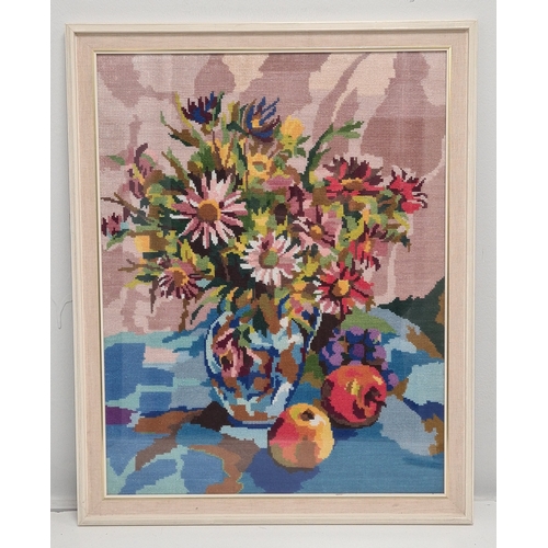 492 - Framed Cross Stitch Tapestry still life vase of flowers & fruits. H66cm x 53cm