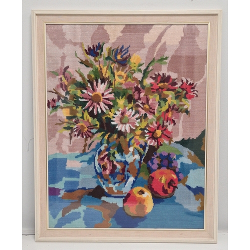 492 - Framed Cross Stitch Tapestry still life vase of flowers & fruits. H66cm x 53cm