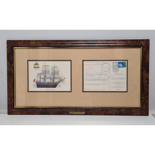 493 - Framed H.M.S Bounty 1787 Bicentennial First Day Cover signed edition with brass plaque. H37cm x 68cm