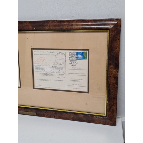 493 - Framed H.M.S Bounty 1787 Bicentennial First Day Cover signed edition with brass plaque. H37cm x 68cm