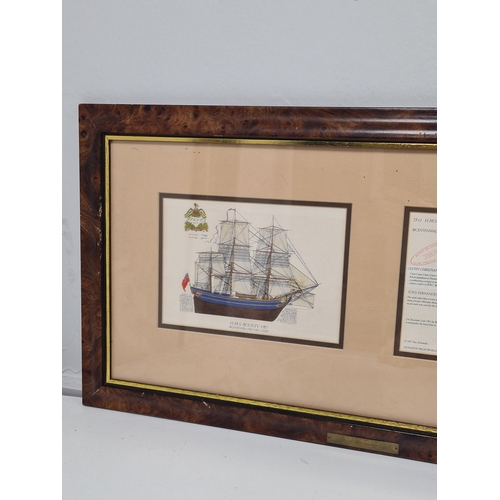 493 - Framed H.M.S Bounty 1787 Bicentennial First Day Cover signed edition with brass plaque. H37cm x 68cm