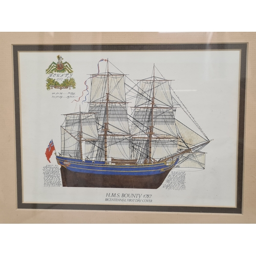 493 - Framed H.M.S Bounty 1787 Bicentennial First Day Cover signed edition with brass plaque. H37cm x 68cm