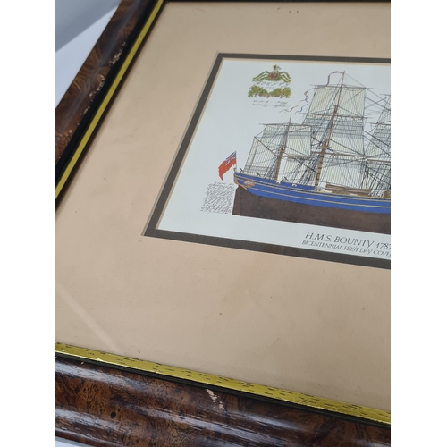 493 - Framed H.M.S Bounty 1787 Bicentennial First Day Cover signed edition with brass plaque. H37cm x 68cm