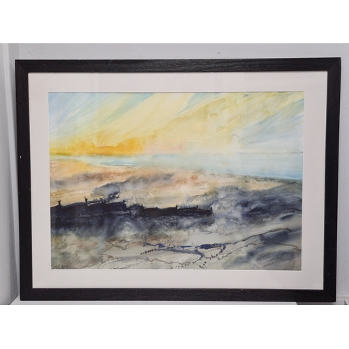 494 - Large framed watercolour /gouache/ collage 'Gateway To Miracles' beach & wild sea scene with sunset ... 