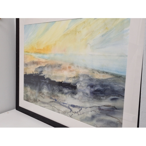 494 - Large framed watercolour /gouache/ collage 'Gateway To Miracles' beach & wild sea scene with sunset ... 