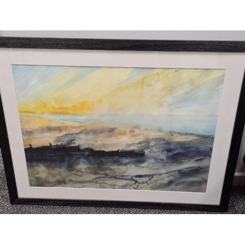 494 - Large framed watercolour /gouache/ collage 'Gateway To Miracles' beach & wild sea scene with sunset ... 