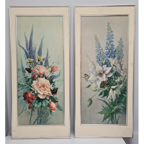 495 - Pair of framed mid 20th century prints of pastel colour floral bouquets featuring summer flowers & b... 