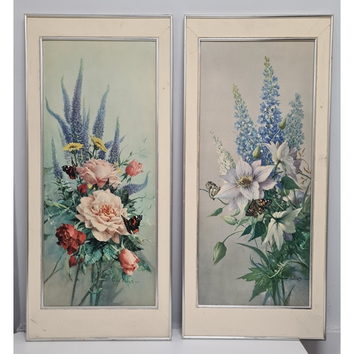 495 - Pair of framed mid 20th century prints of pastel colour floral bouquets featuring summer flowers & b... 