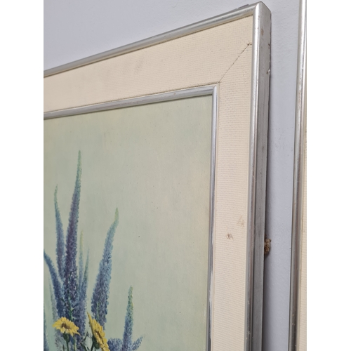 495 - Pair of framed mid 20th century prints of pastel colour floral bouquets featuring summer flowers & b... 