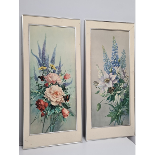 495 - Pair of framed mid 20th century prints of pastel colour floral bouquets featuring summer flowers & b... 