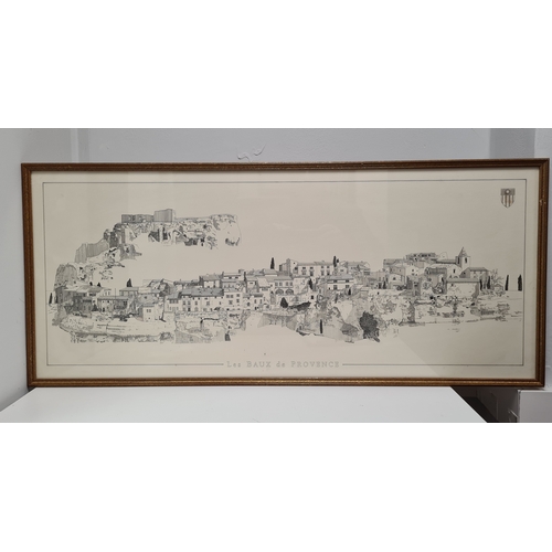 496 - Framed printed mono sketched landscape village profile 'Lec Baux de Provence' near Marseille, France... 