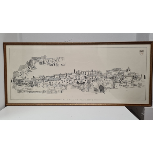 496 - Framed printed mono sketched landscape village profile 'Lec Baux de Provence' near Marseille, France... 