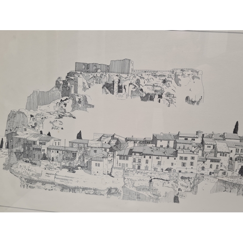 496 - Framed printed mono sketched landscape village profile 'Lec Baux de Provence' near Marseille, France... 