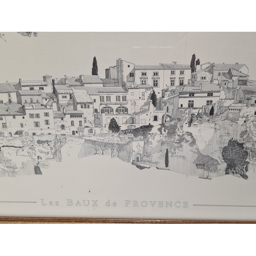 496 - Framed printed mono sketched landscape village profile 'Lec Baux de Provence' near Marseille, France... 