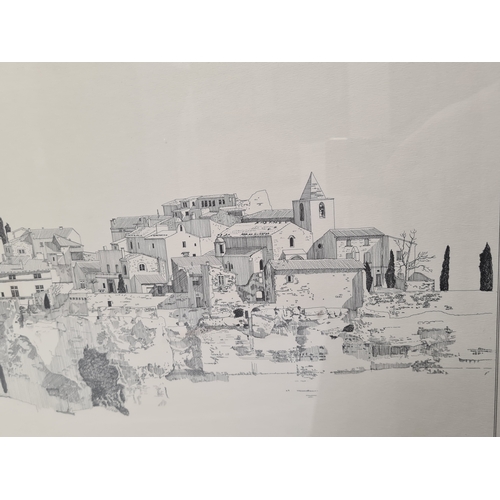 496 - Framed printed mono sketched landscape village profile 'Lec Baux de Provence' near Marseille, France... 