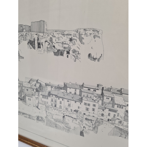 496 - Framed printed mono sketched landscape village profile 'Lec Baux de Provence' near Marseille, France... 