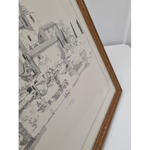 496 - Framed printed mono sketched landscape village profile 'Lec Baux de Provence' near Marseille, France... 