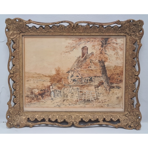 499 - Original Victorian watercolour rural scene with rustic cottage in ornate gilt frame. Monogramed BF M... 