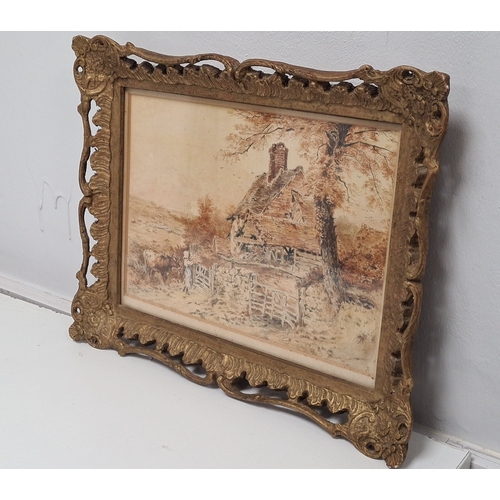 499 - Original Victorian watercolour rural scene with rustic cottage in ornate gilt frame. Monogramed BF M... 