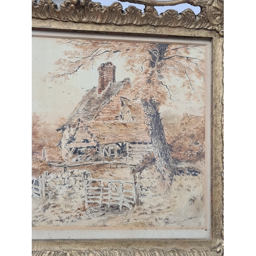 499 - Original Victorian watercolour rural scene with rustic cottage in ornate gilt frame. Monogramed BF M... 