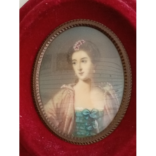 508 - Antique oval miniature Gouache hand painted over picture and signed lady portrait in a velvet frame ... 