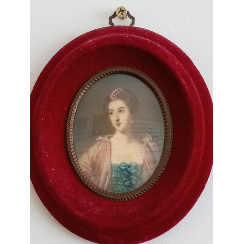 508 - Antique oval miniature Gouache hand painted over picture and signed lady portrait in a velvet frame ... 