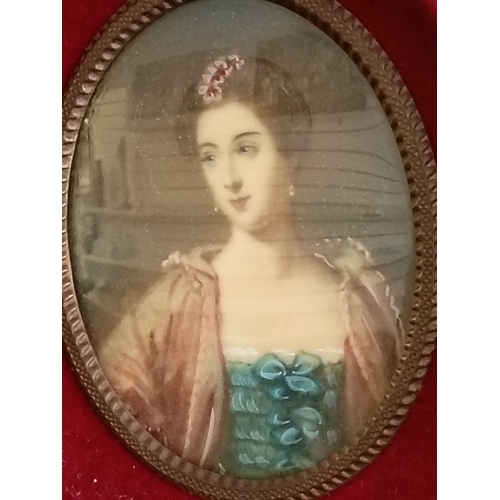 508 - Antique oval miniature Gouache hand painted over picture and signed lady portrait in a velvet frame ... 