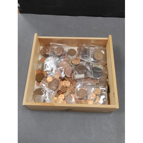 641 - A wooden box of antique and vintage coins. Including pennies as early as 1853, half pennies, three p... 