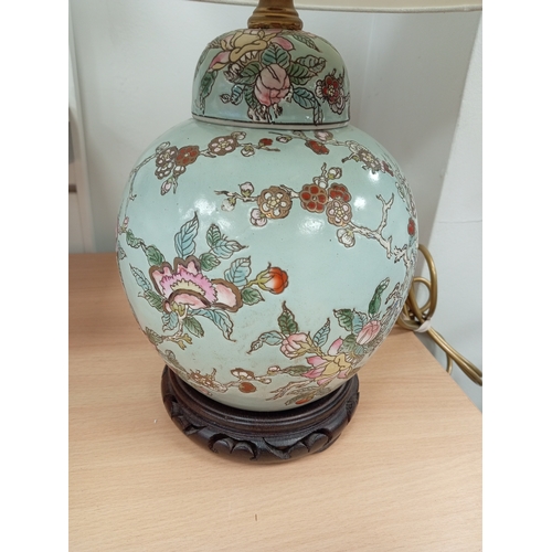 524 - Oriental ginger jar converted lamp on carved base with cream shade H 38 x W 29cm