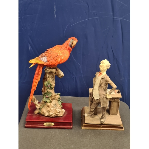 533 - 2 cast resin ornaments: La Anina orange parrot AF on green leaf H30cm x 16cm x12cm . Plus Woolbro St... 