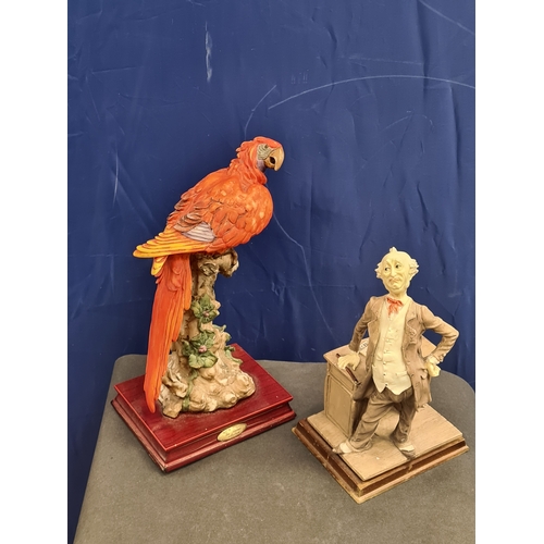 533 - 2 cast resin ornaments: La Anina orange parrot AF on green leaf H30cm x 16cm x12cm . Plus Woolbro St... 