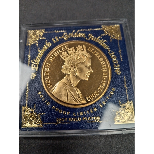 635 - Solid proof 22ct gold plated Golden Jubilee Queen Elizabeth II 1952-2002 cased coin