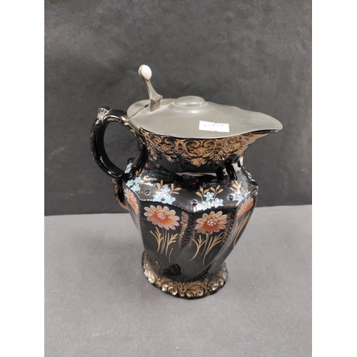 550 - Antique Victorian hand painted pitchers with pewter lids and ceramic thumb button.