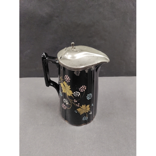 550 - Antique Victorian hand painted pitchers with pewter lids and ceramic thumb button.