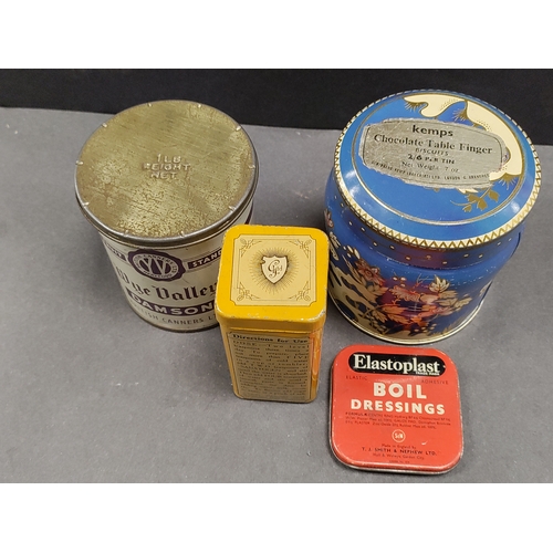 552 - Job lot of vintage tins. To include Wye Valley Damson, Elastoplast, Sanatogen and Scribbans-kemp